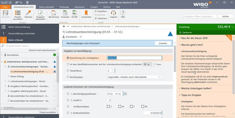 Die Benutzeroberfläche von WISO Steuer:Sparbuch 2020