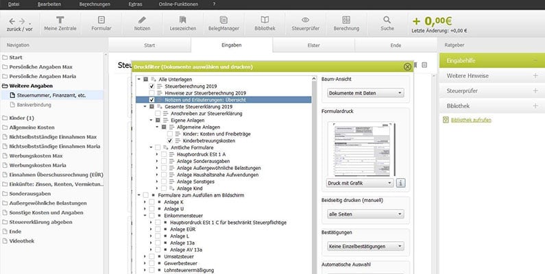 Der Druckdialog von TAXMAN 2022